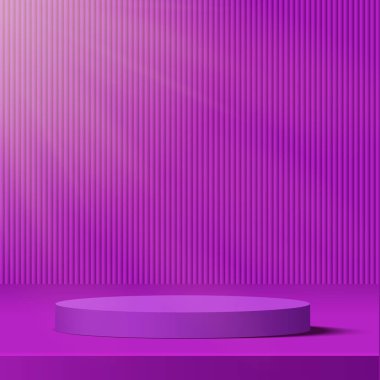 3D mor renkli podyum ve en az mor renkli duvar sahnesi. 3D podyum, soyut arkaplan. Vektör illüstrasyonu