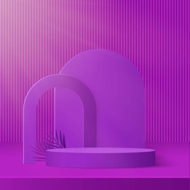 3D mor renkli podyum ve en az mor renkli duvar sahnesi. 3D podyum, soyut arkaplan. Vektör illüstrasyonu