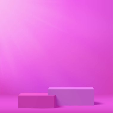 3D mor renkli podyum ve en az mor renkli duvar sahnesi. 3D podyum, soyut arkaplan. Vektör illüstrasyonu