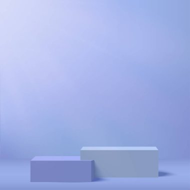 3D mavi renkli podyum ve en az mavi renkli duvar sahnesi. 3D podyum, soyut arkaplan. Vektör illüstrasyonu