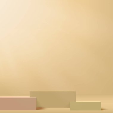 3D krem rengi podyum ve en az krem rengi duvar sahnesi. 3D podyum, soyut arkaplan. Vektör illüstrasyonu