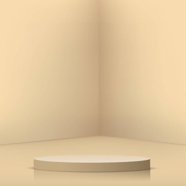 3D krem rengi podyum ve en az krem rengi duvar sahnesi. 3D podyum, soyut arkaplan. Vektör illüstrasyonu