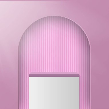 3D mor renkli podyum ve en az mor renkli duvar sahnesi. 3D podyum, soyut arkaplan. Vektör illüstrasyonu