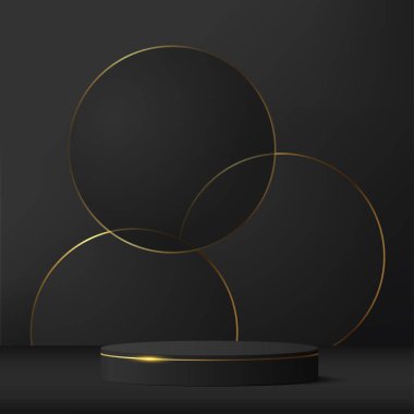 3D siyah renkli podyum ve en az siyah altın rengi duvar sahnesi. 3D podyum, soyut arkaplan. Vektör illüstrasyonu