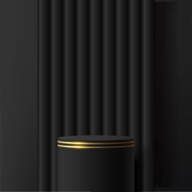 Lüks tarzda siyah ve altın renkli silindir kaide kürsüsü seti olan soyut koyu renkli 3D oda. Lüks geometrik formları olan 3D podyum sahnesi. Vektör illüstrasyonu