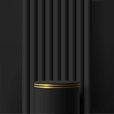 Lüks tarzda siyah ve altın renkli silindir kaide kürsüsü seti olan soyut koyu renkli 3D oda. Lüks geometrik formları olan 3D podyum sahnesi. Vektör illüstrasyonu