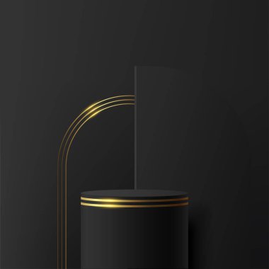 Lüks tarzda siyah ve altın renkli silindir kaide kürsüsü seti olan soyut koyu renkli 3D oda. Lüks geometrik formları olan 3D podyum sahnesi. Vektör illüstrasyonu