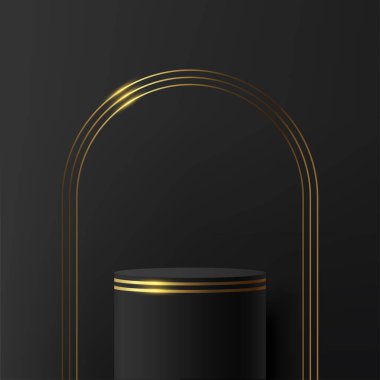 Lüks tarzda siyah ve altın renkli silindir kaide kürsüsü seti olan soyut koyu renkli 3D oda. Lüks geometrik formları olan 3D podyum sahnesi. Vektör illüstrasyonu