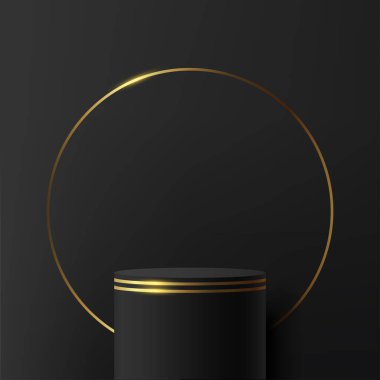 Lüks tarzda siyah ve altın renkli silindir kaide kürsüsü seti olan soyut koyu renkli 3D oda. Lüks geometrik formları olan 3D podyum sahnesi. Vektör illüstrasyonu