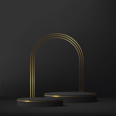 Lüks tarzda siyah ve altın renkli silindir kaide kürsüsü seti olan soyut koyu renkli 3D oda. Lüks geometrik formları olan 3D podyum sahnesi. Vektör illüstrasyonu