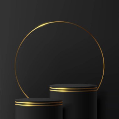 Lüks tarzda siyah ve altın renkli silindir kaide kürsüsü seti olan soyut koyu renkli 3D oda. Lüks geometrik formları olan 3D podyum sahnesi. Vektör illüstrasyonu