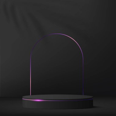 3D koyu mor renkli podyum ve minimum koyu mor duvar sahnesi. 3D podyum, soyut arkaplan. Vektör illüstrasyonu