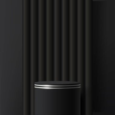 Modern siyah ve gümüş silindir kaide podyumu. Kozmetik afiş. Vektör illüstrasyonu