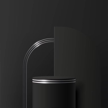 Modern siyah ve gümüş silindir kaide podyumu. Kozmetik afiş. Vektör illüstrasyonu