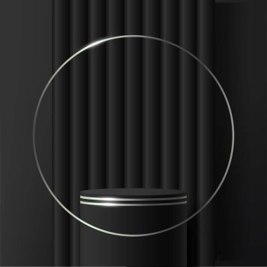 Modern siyah ve gümüş silindir kaide podyumu. Kozmetik afiş. Vektör illüstrasyonu