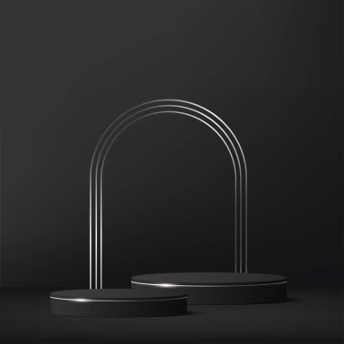 Modern siyah ve gümüş silindir kaide podyumu. Kozmetik afiş. Vektör illüstrasyonu