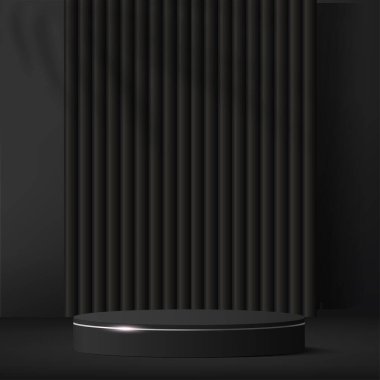 3D siyah renkli podyum ve asgari siyah duvar sahnesi. 3D podyum, soyut arkaplan. Vektör illüstrasyonu