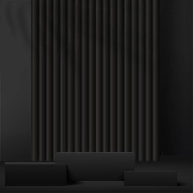 3D siyah renkli podyum ve asgari siyah duvar sahnesi. 3D podyum, soyut arkaplan. Vektör illüstrasyonu