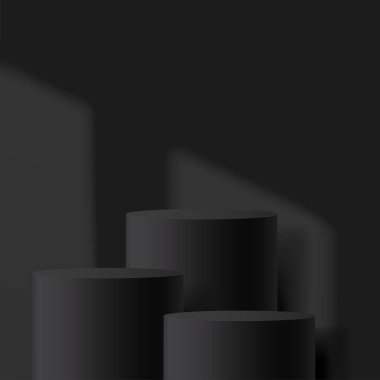 3D siyah renkli podyum ve asgari siyah duvar sahnesi. 3D podyum, soyut arkaplan. Vektör illüstrasyonu