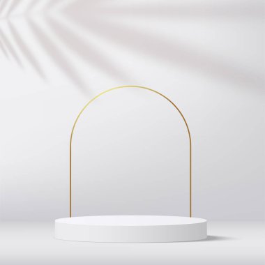 Modern beyaz ve altın silindirli kaide podyumu. Kozmetik afiş. Vektör illüstrasyonu