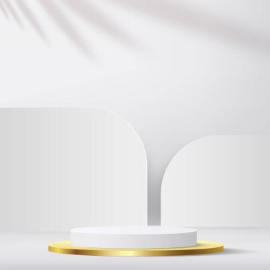 Modern beyaz ve altın silindirli kaide podyumu. Kozmetik afiş. Vektör illüstrasyonu