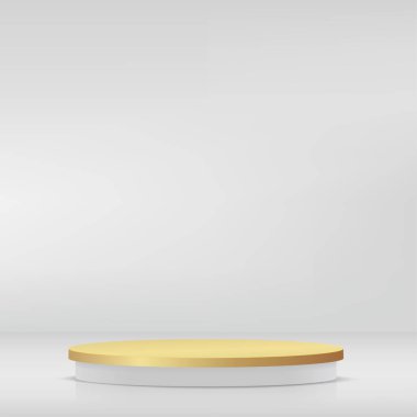 Modern beyaz ve altın silindirli kaide podyumu. Kozmetik afiş. Vektör illüstrasyonu