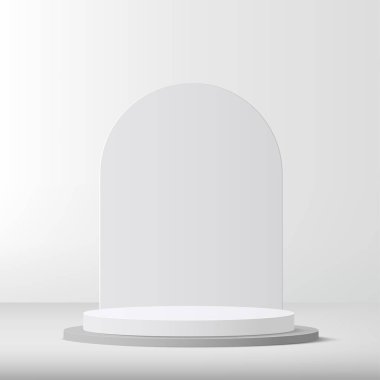 3d beyaz renk podyumu ve minimal beyaz duvar sahne vektörü illüstrasyonu.