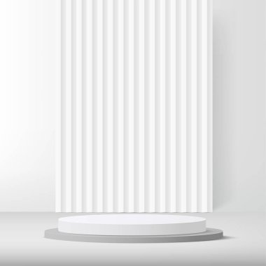 3d beyaz renk podyumu ve minimal beyaz duvar sahne vektörü illüstrasyonu.