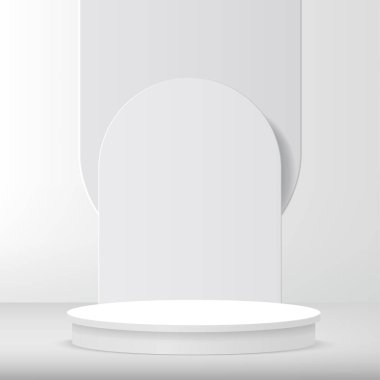 3d beyaz renk podyumu ve minimal beyaz duvar sahne vektörü illüstrasyonu.