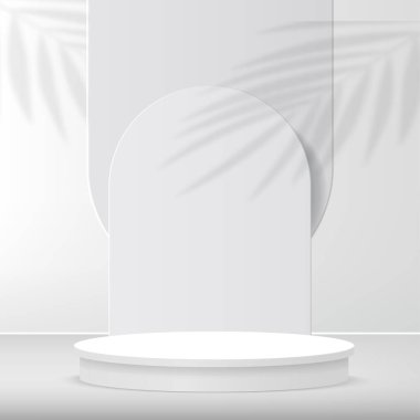 3d beyaz renk podyumu ve minimal beyaz duvar sahne vektörü illüstrasyonu
