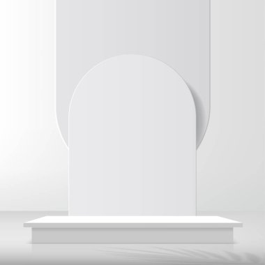 3d beyaz renk podyumu ve minimal beyaz duvar sahne vektörü illüstrasyonu