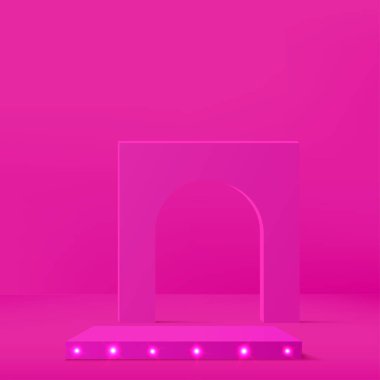 Aydınlatma ve en az pembe duvar görüntüsü olan 3D pembe renk podyumu