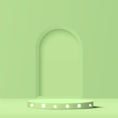3d yumuşak yeşil renk podyumu, ışıklandırma ve en az yeşil duvar görüntü vektörü illüstrasyonuyla