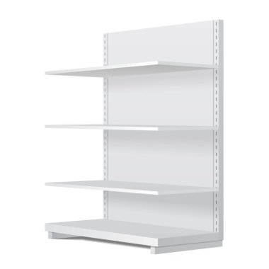 Perakende rafları olan 3D boş vitrin görüntüsü. Model yap. Vektör illüstrasyonu