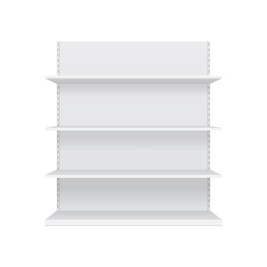 Perakende rafları olan 3D boş vitrin görüntüsü. Model yap. Vektör illüstrasyonu