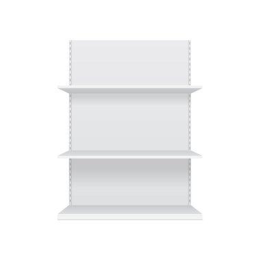 Perakende rafları olan 3D boş vitrin görüntüsü. Model yap. Vektör illüstrasyonu