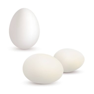 Üç beyaz yumurta, biri ayakta ve ikisi yerde. Vektör illüstrasyonu