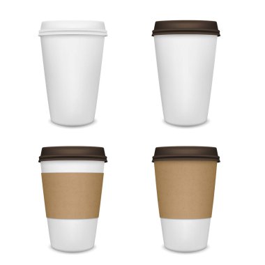 Dört adet tek kullanımlık kahve fincanı, ikisi kollu, beyaz arka planda izole edilmiş. Vektör illüstrasyonu