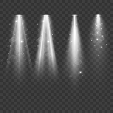 Four vector spotlights with sparkles and bokeh effects on transparent background. Vector illustration clipart