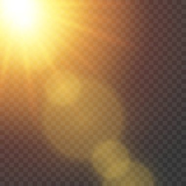 Şeffaf arkaplan ve vektör mercekli altın güneş patlaması.