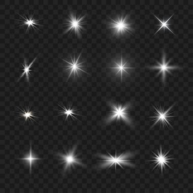 Koyu şeffaf bir arkaplanda beyaz ışık patlamaları koleksiyonu. Vektör illüstrasyonu