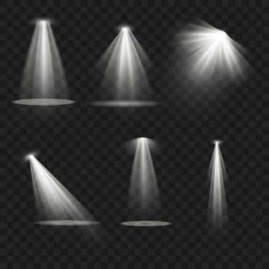 Şeffaf bir arka planda ışık demeti olan çeşitli beyaz spot ışıkları efektleri. Vektör.