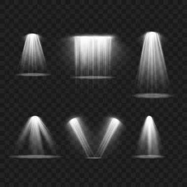 Various white spotlight effects with light beams on a transparent background. Vector. clipart