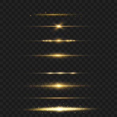 Various golden light streaks and sparkles on a transparent background. Vector illustration clipart