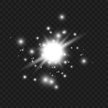 Şeffaf bir arkaplanda parıldayan parlak beyaz yıldız patlaması. Vektör illüstrasyonu