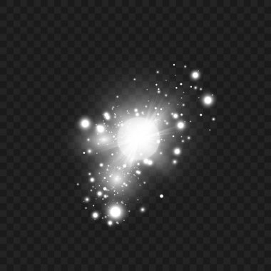 Şeffaf bir arkaplanda parıldayan parlak beyaz yıldız patlaması. Vektör illüstrasyonu