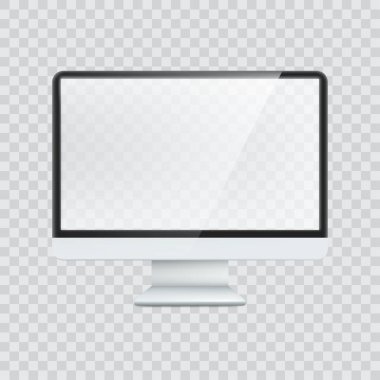Şeffaf bir arkaplanda yansımaları olan parlak beyaz bir monitör. Vektör illüstrasyonu