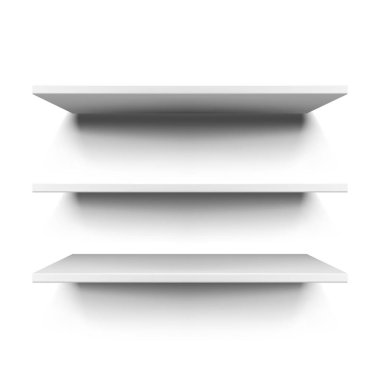Minimalist, temiz bir rafta üç beyaz yüzen raf. Vektör illüstrasyonu