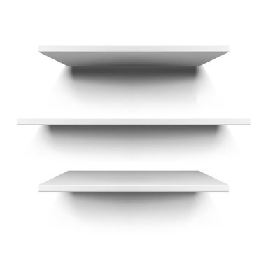 Minimalist, temiz bir rafta üç beyaz yüzen raf. Vektör illüstrasyonu