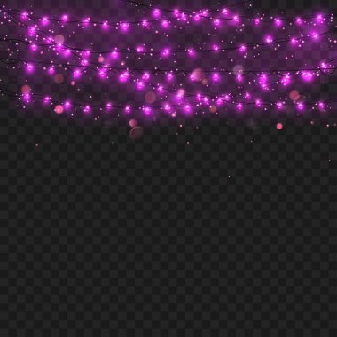 Şeffaf bir arka planda parıldayan mor peri ışıkları. Vektör illüstrasyonu
